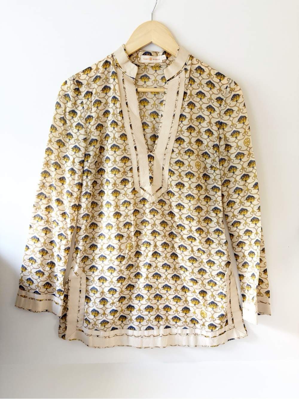Tory Burch Cream and Yellow Floral Tunic Top Size 4 Block Print Tunic Top
